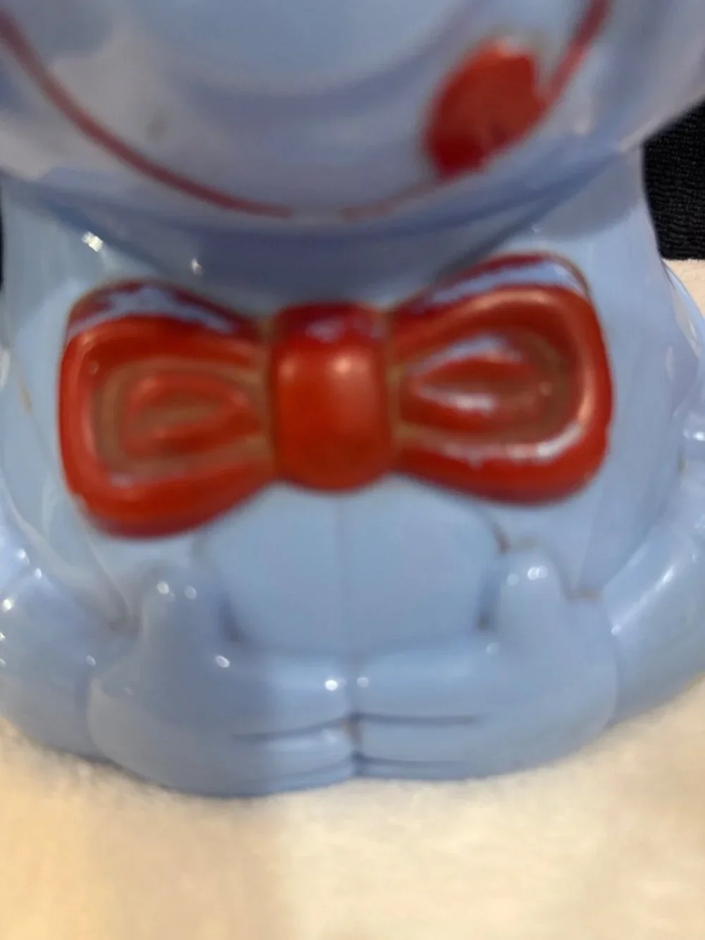 Vintage Blue & Red Celluloid porky pig cookie jar Bow Tie
